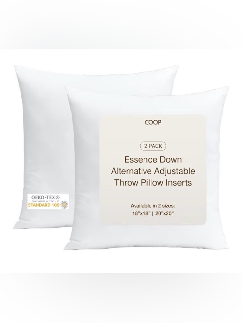 Coop Home Goods Essence Throw Pillow Inserts 20x20, Set of 2,Sealed Package